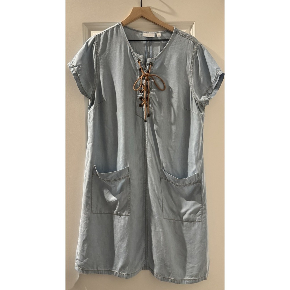 New York & Company Lyocell Shift Dress Womens Large Blue Lace Up Chambray